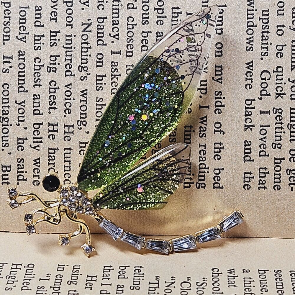 Dragonfly Brooch Pin Clear Rhinestone Green Acrylic Wings Costume Jewelry Nature - Picture 2 of 8